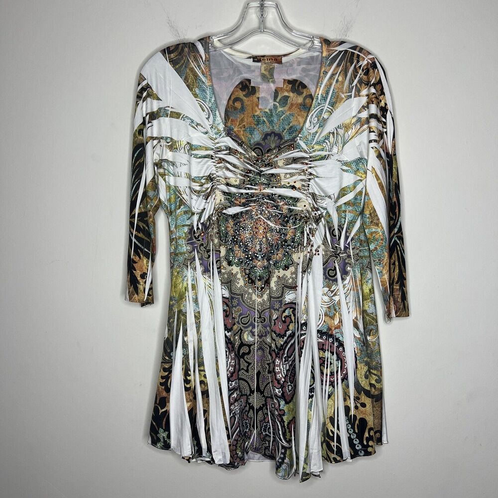 Reina Women’s Tunic Shirt Size 2 Beaded Artsy Fairy Multi Color Y2K Ruched